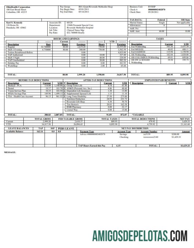 Recibo de pagamento da OhioHealth Corporation modelo